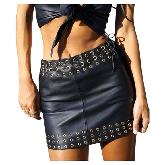 Rat & Boa Dresses & Skirts - Rat & Boa, Women's Leather Grommet Mini Skirt, Side Ties, Lace-Up, Black, Small